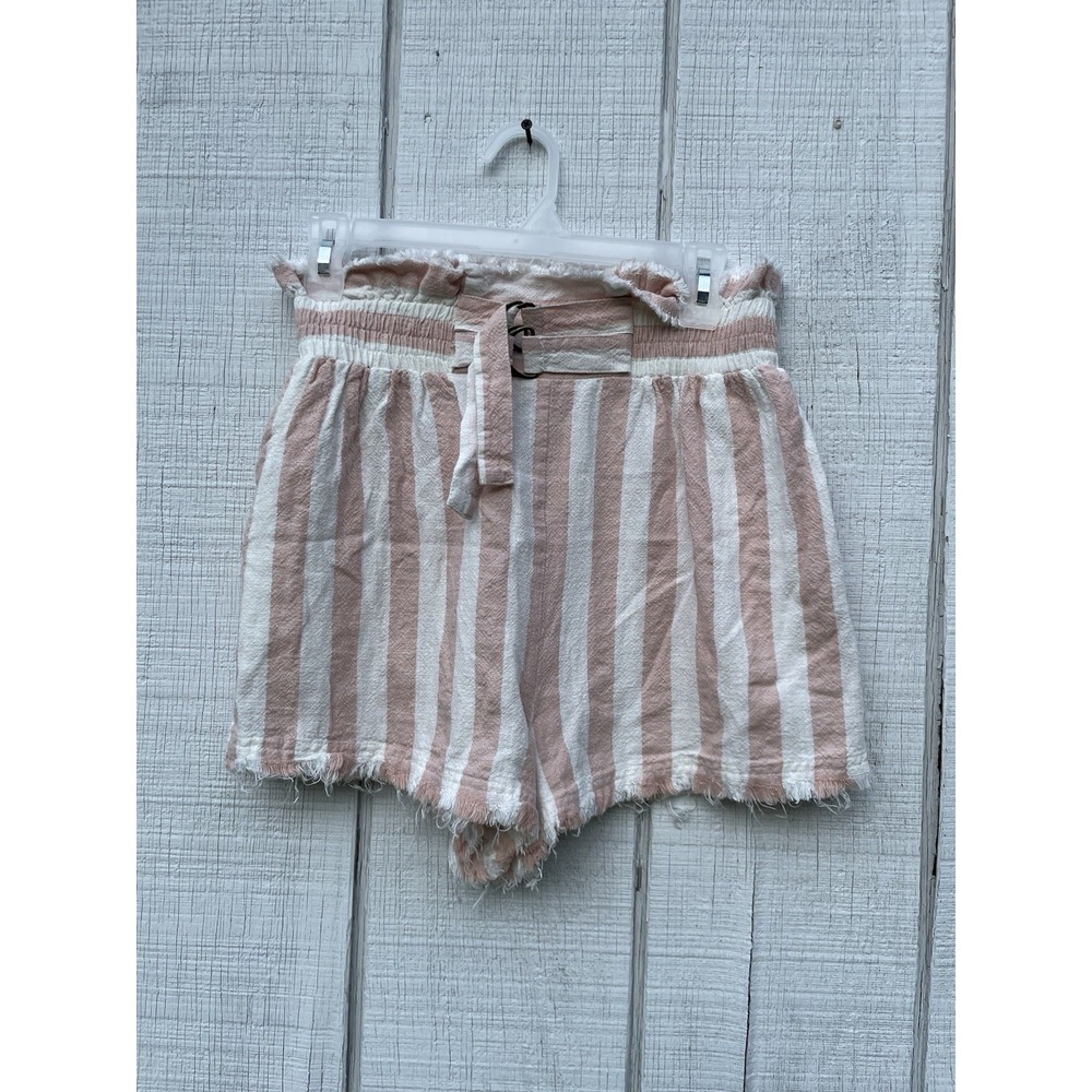 Umgee Medium Striped Shorts Pink White Freyed Edge Summer Casual